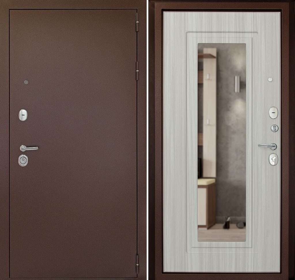 Входная дверь Дверной континент Рубикон-1 Зеркало Сандал белый<br/>Медный антик купить в Москве